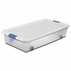This clearview tote features a clear plastic body and white latch-on lid, with dimensions of 33 7/8 in x 18 3/4 in x 7 in and a capacity range of 10 to 20 gallons. It is used for organizing and storing household or industrial items, allowing easy identification of contents through the transparent body.