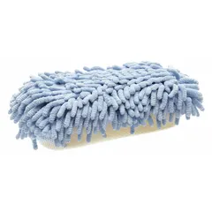 This blue chenille/mesh sponge from TOUGH GUY measures 5 inches in outside diameter and 2 3/4 inches thick. It is designed for washing and drying vehicles, with a material construction that helps lift dirt while being gentle on painted surfaces.