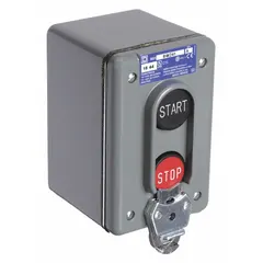 Push-button control station with black Start/Stop legend, no operator configuration, and two momentary operators. Features 1 normally open and 1 normally closed contact. Suitable for industrial start/stop applications such as machine control panels, conveyors, and process equipment.