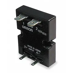 Panel-mounted solid state relay with phototriac AC output. Form A switch configuration, accepts 5 A DC input, delivers 120-240V AC output up to 5 A without heat sink. Quick-connect terminals. Not finger-safe. Suitable for switching AC loads in industrial control panels.