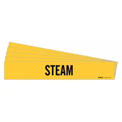 Yellow adhesive pipe marker with black legend text reading 'Steam'. Fits pipe outer diameters from 2-1/2 to 7-7/8 inches. Pack of 5 markers without directional arrows. Used for identifying steam piping in industrial facilities.