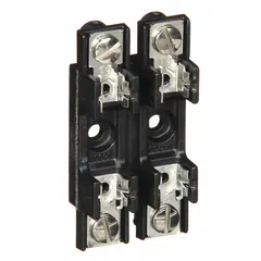 2-pole open block design fuse block for glass and ceramic fuses. Rated 300 V AC. Accommodates common fuse types such as 3AG, ABC, GDL, and MDL. Used in control panels, power distribution, and equipment protection circuits.