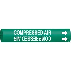 This snap-on pipe marker identifies compressed air lines with a green background and white legend text. It fits pipe outer diameters from 2-1/2 to 3-7/8 inches and includes directional arrows. Suitable for use in industrial facilities to indicate pipe contents.