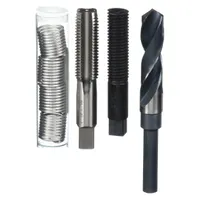This kit includes free-running helical inserts made of 18-8 stainless steel with a plain finish, sized 1 1/4"-7 coarse right-hand thread. It comes with an STI tap of the same size for installing inserts into metal substrates. Used to repair damaged internal threads in metal components, restoring original thread strength