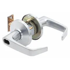 Classroom security lever lockset with satin chromium-plated zinc finish and 9K contour angle return lever. Features F88 function for classroom security, allowing interior locking without exiting. ADA compliant with large format interchangeable core (LFIC) for key control. Suitable for educational and institutional facilities requiring access control.