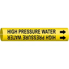 Yellow snap-on pipe marker with black legend reading 'High Pressure Water' and directional arrows. Fits pipe outer diameters from 2-1/2 to 3-7/8 inches. Used to identify high-pressure water lines in industrial piping systems, aiding in compliance with pipe-marking standards.