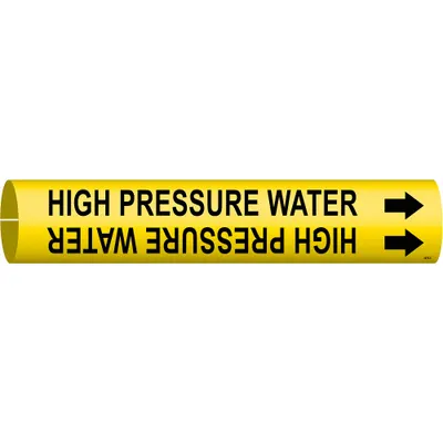 BRADY Pipe Marker: High Pressure Water, Yellow, Black, Fits 2 1/2 to 3 7/8 in Pipe O.D. - High Pressure Water Snap-On Pipe Markers