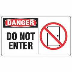 Vinyl danger signs with adhesive mounting for marking restricted areas. Each sign measures 3 1/2 in x 5 in nominal size, 0.02 in thick. Not retroreflective, not glow-in-the-dark, no anti-slip surface. Supplied in a 5-pack. Suitable for indoor use on doors, panels, or machinery to warn against entry.