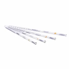 Sterile, individually wrapped short serological pipette made from borosilicate glass. 25 mL capacity with 0.2 mL graduation increments. Used for precise liquid measurement and transfer in laboratory settings.