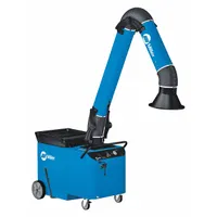 This mobile welding fume extractor features a 10 ft articulated arm for source capture of airborne contaminants. Equipped with a MERV 16 self-cleaning filter, it operates on 120V nominal input. Suitable for industrial welding environments to maintain air quality during operations