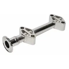 This manifold is constructed from 316 stainless steel with 3/4 in inlet and outlet ports. It is used to distribute or collect fluid flow in industrial piping systems, suitable for applications requiring corrosion resistance.