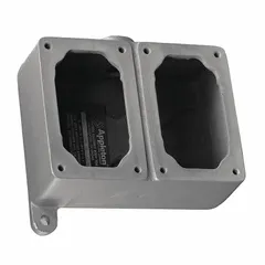 This 2-gang hazardous location electrical box is constructed of iron with a dead end hub type. It features a 1/2-inch hub size and an overall height of 6 1/8 inches. Suitable for use in environments requiring explosion-proof enclosures for electrical connections.