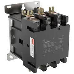 Three-pole non-reversing definite purpose contactor with 3NO main pole contact form. Rated 90 A, 600V AC maximum, with 120V AC coil. Through-panel mounting with box lug terminals. Suitable for switching three-phase loads in HVACR systems such as compressors, condenser fans, and air handlers.