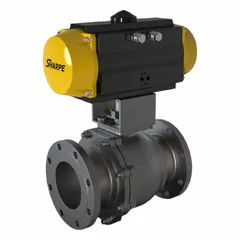 This SHARPE pneumatically-actuated two-way ball valve features a carbon steel body with flange x flange connections. It is designed for on/off flow control in industrial piping systems handling liquids, gases, or steam. The pneumatic actuator enables remote or automated operation. Note: Pilot solenoid voltage is not included.
