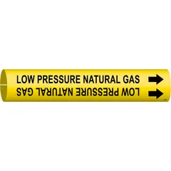 This snap-on pipe marker identifies low pressure natural gas lines. It features a yellow background with black legend and directional arrows. Designed to fit pipe outer diameters from 1-1/2 to 2-3/8 inches, it is used for labeling gas piping in industrial facilities.