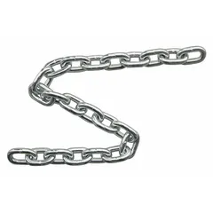 This Grade-30 load-securing chain is made of carbon steel with a galvanized finish for corrosion resistance. It is used for tie-downs, towing, and general industrial binding in material handling applications.