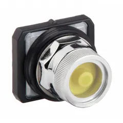 This breakable glass-covered push-button operator is designed for emergency stop applications in industrial environments. It features a maintained action and a non-metallic push button. Suitable for use on machinery control panels where a visible, breakable cover is required to prevent accidental actuation.