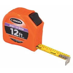This 12 ft tape measure features SAE fractional graduations in 1/16 in increments on a vertical read display. The nonmagnetic single hook tip is suitable for environments where magnetic interference must be avoided. A manual lock secures the blade, and the plastic orange case provides impact resistance. With a 5 ft standout, it is used for measuring tasks in construction, maintenance, and industrial settings.