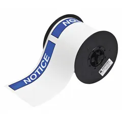 White vinyl precut label roll with NOTICE header, measuring 4 in x 6 in. Acrylic adhesive for indoor/outdoor use. Compatible with BBP37 printer series for on-demand printing of facility signs and equipment labels.