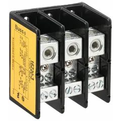 Open-type power distribution block with lug-to-lug connections. Accepts line-side wire sizes from 14 AWG to 2/0 AWG. Copper construction for surface mounting. Used to distribute power from a single input to multiple outputs in control panels and machinery.