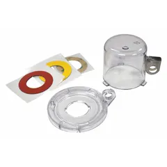 Removable-cover lockout device for push buttons with a maximum diameter of 0.89 inches. Clear color provides visibility of the locked-out button. Measures 2 inches by 2.5 inches. Used in industrial lockout/tagout procedures to prevent accidental machine startup during maintenance.