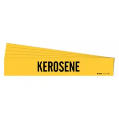 Yellow adhesive pipe marker with black legend reading 'Kerosene'. Fits pipe outer diameters from 2-1/2 to 7-7/8 inches. Supplied as a 5-pack with one marker per pack. Used to identify pipes carrying kerosene in industrial facilities.