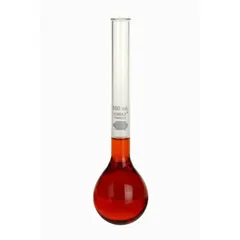 This 100 mL conical Kjeldahl flask is made of colorless glass meeting USP Type I specifications. It is designed for use in Kjeldahl nitrogen analysis procedures, such as digestion of samples for nitrogen determination. The flask is compatible with stopper size 1.
