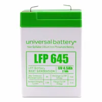 Lithium iron phosphate (LiFePO4) sealed battery with 6.4V DC output and 4.5 Ah capacity. ABS housing with 0.187 in Faston terminals. Suitable for backup power, security systems, and portable electronics requiring consistent deep-cycle discharge