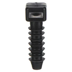 Masonry push-in mount for securing cable ties to concrete, brick, or block surfaces. Accepts miniature, intermediate, and standard cable ties. Slot width 0.25 in, slot height 0.1 in. Dimensions: 0.53 in L x 0.55 in W x 1.24 in H. Black, pack of 100.
