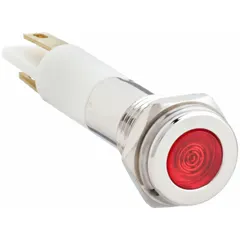 This LED indicator pilot light features a red flush head with H08 lens style. It is designed for panel mounting with a 5/16 in hole diameter and connects via 0.11 male quick disconnect terminals. Suitable for use in industrial control panels and machinery to provide visual status indication.