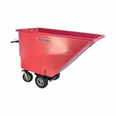 Motorized hopper truck with 27 cu ft capacity and 750 lb load capacity. Powered by a sealed lead acid AGM battery. Red finish with (2) swivel casters. Used for moving and dumping bulk materials in industrial settings such as manufacturing, warehousing, and recycling facilities.