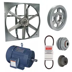 Unassembled belt-drive panel exhaust fan with drive package. Features a 54-inch blade, 3 hp motor, and 33,602 cfm airflow. Operates on 230/460V AC, 3-phase power with a totally enclosed fan-cooled motor, Class F insulation, and single-speed design. Zinc-plated steel frame. Suitable for high-volume air movement in large spaces such as factories and warehouses.