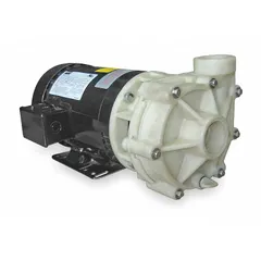 This centrifugal pump features a polypropylene housing and impeller for chemical resistance. It is powered by a 3 hp, three-phase, 230/460V AC motor with a totally enclosed fan-cooled enclosure. Connections are NPT. Suitable for transferring corrosive fluids in industrial processing and water treatment.