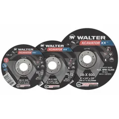Ceramic depressed center grinding wheel from the XCAVATOR XX series. Measures 6 inches in diameter, 1/8 inch thickness, with a 5/8-11 threaded arbor. Type 27 design for cool-cutting on carbon and stainless steel. Used in metal fabrication, welding, and maintenance for material removal.