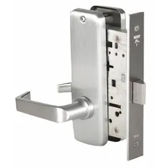 This BEST passage lever lockset (ANSI F01) is designed for interior doors that do not require locking, such as hallways, closets, or restroom entrances. It features a satin chromium-plated stainless steel finish, is ADA compliant, and includes an interchangeable core for quick rekeying. The 40H style lever provides easy operation without locking functionality.