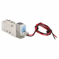 Single solenoid, five-way/two-position directional control valve from the SY3000 Series. Operates on 24V DC with spring return, internal pilot, and non-locking manual override. Plug-in design for easy installation. Suitable for controlling compressed air flow in pneumatic systems such as automated machinery and industrial actuators