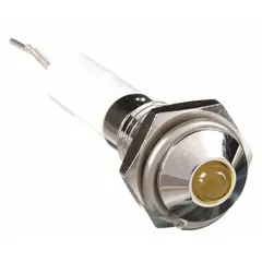 LED indicator pilot light with a yellow raised head for clear visual status indication. Features a 6 mm panel mounting hole diameter and M06 size. Electrical connection via lead for soldering. Suitable for use in industrial control panels, machinery, and automation systems.