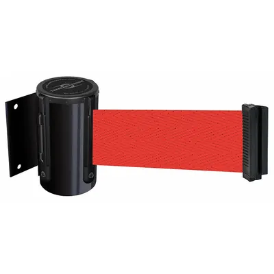 TENSABARRIER Retractable Belt Barrier: Fixed Mounting Plate, 12 ft Belt Lg, Pattern - Wall-Mount Retractable Belt Barriers