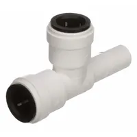 This WATTS push-to-connect tee adapter is made of polysulfone and features three 1/2 in OD ports. It enables tool-free assembly for branching flow in low-pressure tubing systems. Typical applications include plumbing, instrumentation, and fluid handling where quick connections are needed