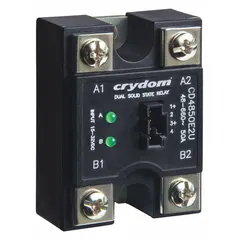Panel-mounted dual solid state relay with SCR AC output and Form A switch configuration. Rated for 50 A maximum output current and 24 to 280V AC output voltage, with 10 mA input current. Features screw-clamp electrical connection. Not finger-safe and not recommended for use without a heat sink. Suitable for switching resistive or inductive AC loads in industrial control applications.