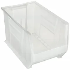 This plastic hopper bin is designed for organized storage and retrieval of components in industrial environments. The clear construction allows visual identification of contents, and the stacking capability enables efficient use of vertical space. Stationary design with dimensions 12 3/8 in x 12 in.