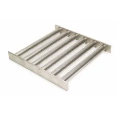 Square grate magnet with rare earth primary magnet material and stainless steel frame. Provides 80 oz maximum magnetic pull strength. Used for magnetic separation to remove ferrous contaminants from free-flowing materials such as powders, granules, and liquids.