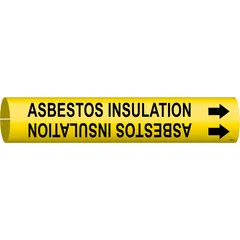 Yellow snap-on pipe marker with black legend reading 'Asbestos Insulation' and directional arrows. Fits pipe outer diameters of 4 to 6 inches. Used to identify piping containing asbestos insulation in industrial facilities.