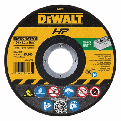 DEWALT DW8071 Type 1 Cut-Off Wheel, 4" x 0.045" x 5/8", Silicon Carbide, 60 Grit - Cut-Off Wheels for Concrete & Masonry
