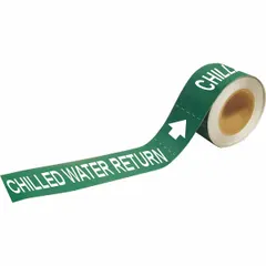 Green adhesive pipe marker with white legend reading 'Chilled Water Return' and directional arrows. Designed for pipes with outer diameter of 1-1/2 to 2 inches. Each roll contains 25 markers for identifying chilled water return lines in facility piping systems.