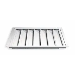 Single-panel, flat-blade backdraft damper for horizontal mounting on ceilings or roofs. Allows horizontal airflow in one direction and closes automatically when airflow stops to prevent backdrafts. Measures 44 inches high, 44 inches wide, and 1 5/8 inches deep. Maximum air velocity 2250 fpm.