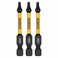 Impact-rated Torx bit with T10 size and standard hex shank, made from S2 steel. Suitable for driving Torx fasteners in heavy-duty applications such as construction and automotive assembly. Supplied in a 3-pack.