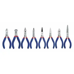 This set includes 8 pliers with standard cushion grips for manual operation, covering sizes from 6 to 9 inches. It contains a 4-inch needle nose plier and a lineman's plier, all stored in a pouch. Suitable for general gripping, cutting, and bending tasks in maintenance and assembly work.