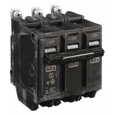 GE Miniature Circuit Breaker: THQB, 60 A, 120/240V AC, Three Phase, 10kA at 120/240V AC - THQB & THHQB Series, Bolt-On GE Miniature Circuit Breakers