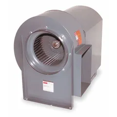 Belt-drive blower with 15-inch wheel diameter, includes drive pack. Powered by a 1 1/2 hp, 230/460V AC, three-phase open motor with clockwise rotation. Suitable for industrial ventilation, exhaust, and air movement in factories, warehouses, and commercial buildings.